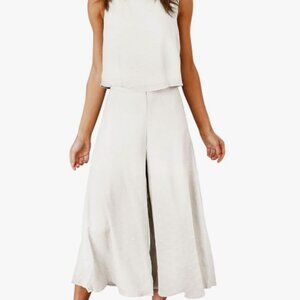Women's Summer 2 Piece Outfits Round Neck Crop Basic Top Cropped Wide Leg Pants